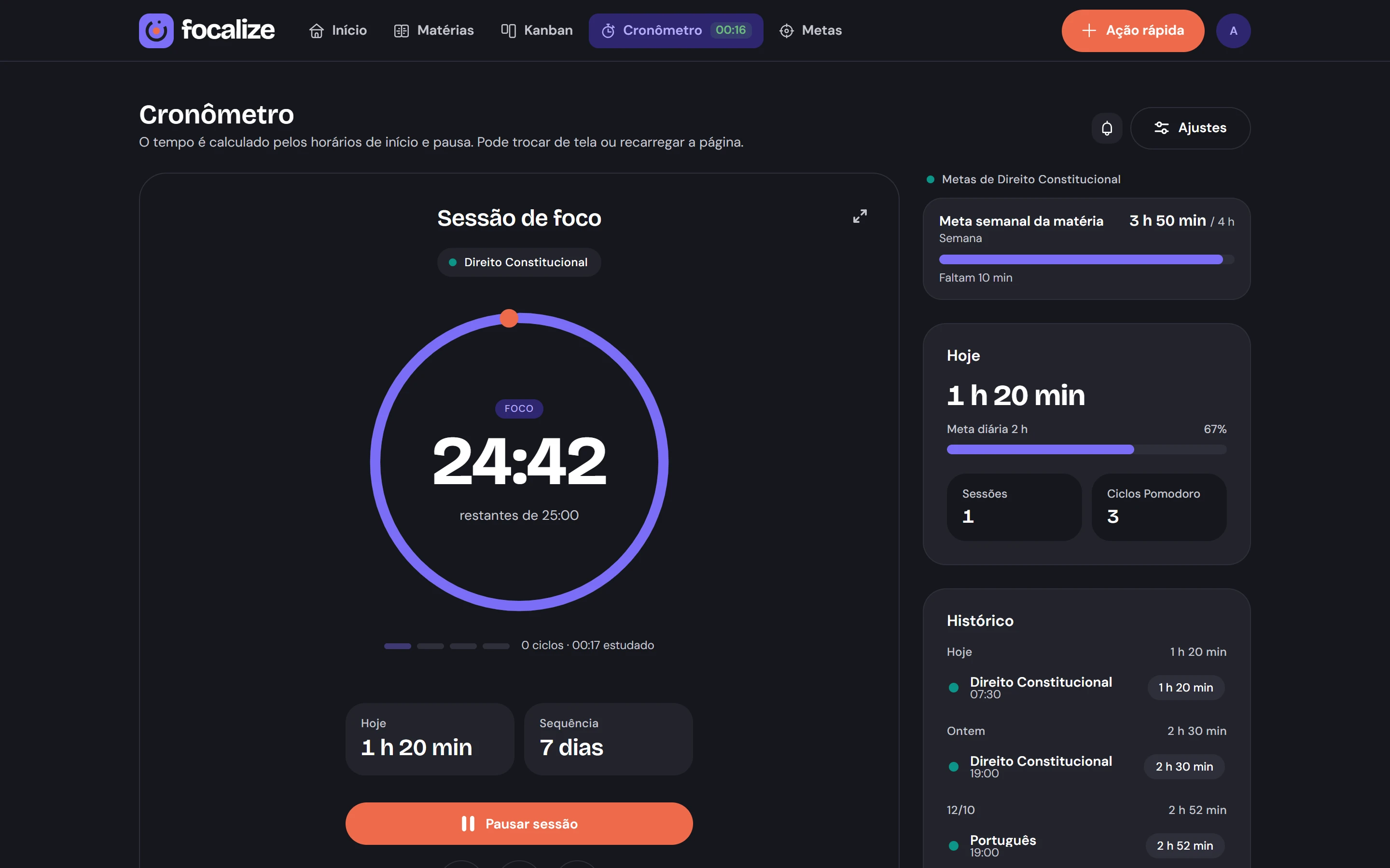 Cronômetro do FocalizeApp em modo escuro, com o anel de foco e as metas da matéria.