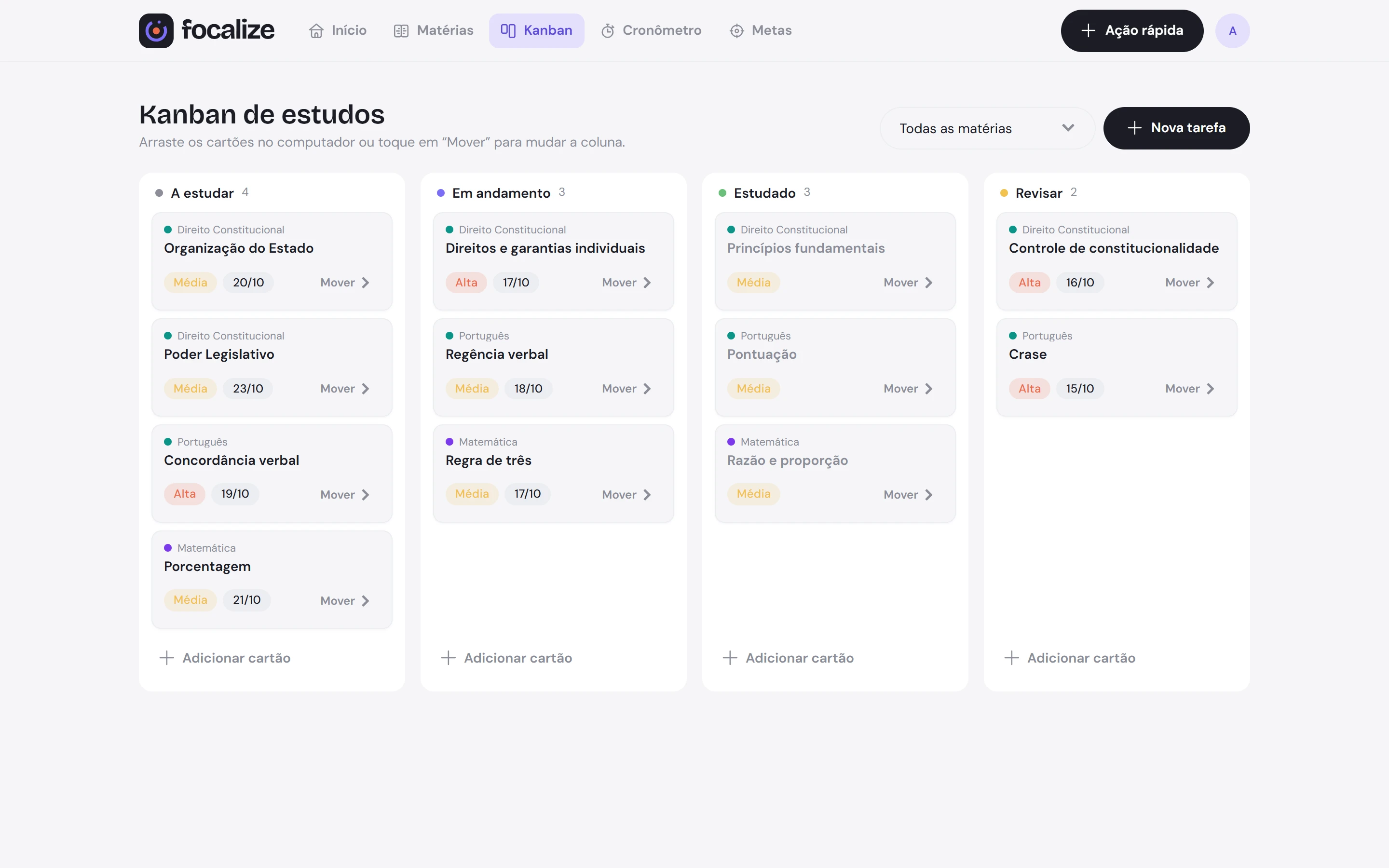 Kanban de estudos com quatro colunas e cartões por matéria.