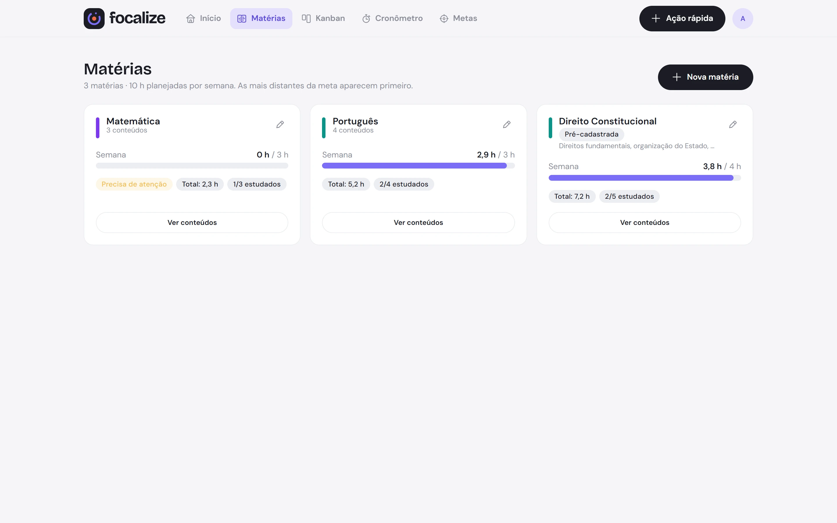 Tela de Matérias do FocalizeApp, com a meta semanal de cada matéria.