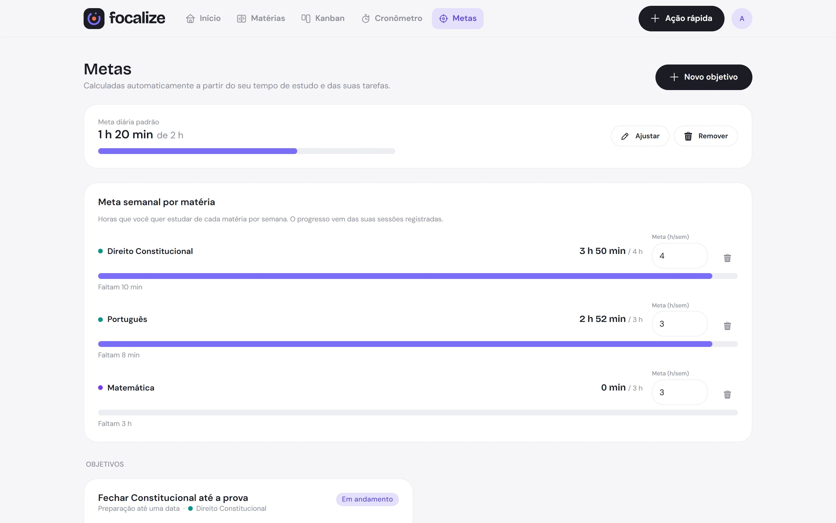 Tela de Metas com a meta diária e a meta semanal de cada matéria.