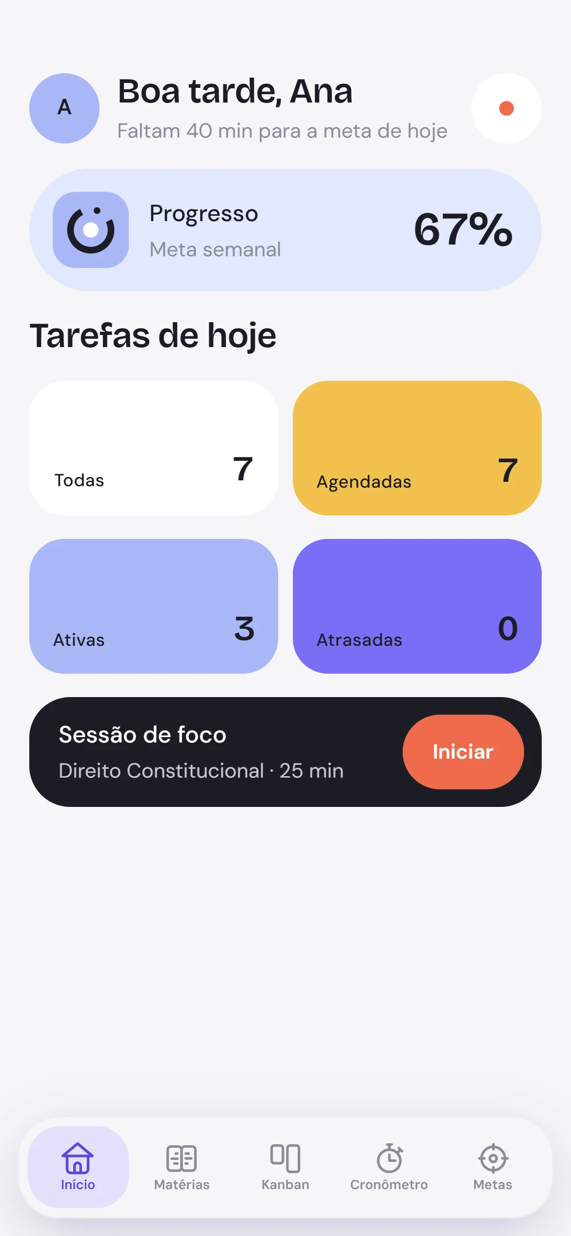 O mesmo Início no celular, com barra de abas para trocar de tela.